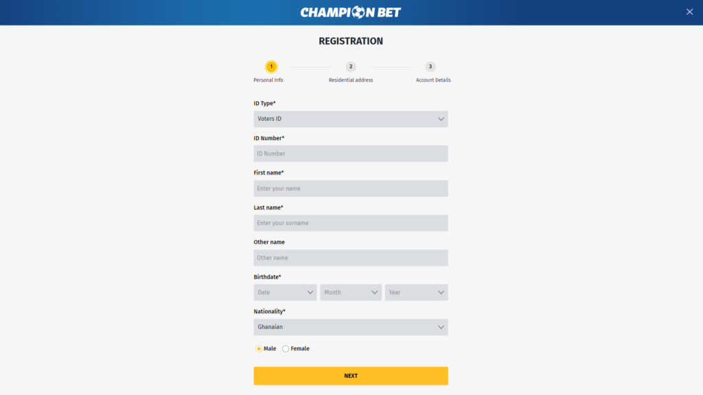 Registration process in Champion Bet Ghana